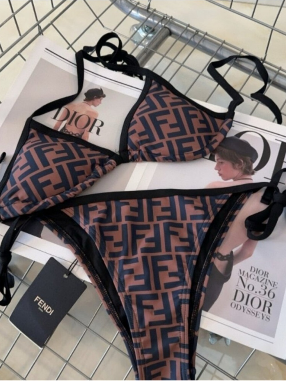 Fendi Brown and Black FF Logo Triangle Bikini